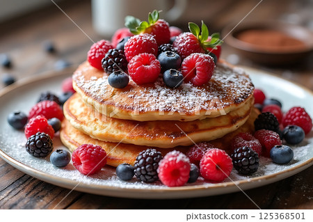 A stack of pancakes with blueberries and raspberries on top 125368501