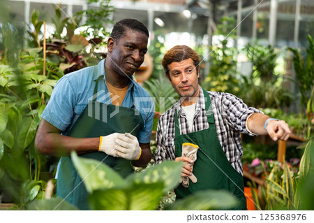 Two gardeners are discussing current work issues Two gardeners are discussing current work issues 125368976