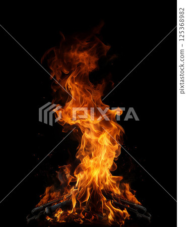 Vertical Flame Over Burning Wood on Black Background Vertical Flame Over Burning Wood on Black Background 125368982