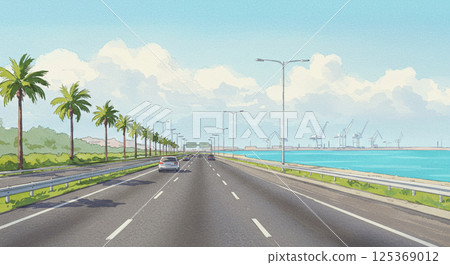 沿著棕櫚樹成蔭的高速公路的海邊駕車水彩畫 125369012