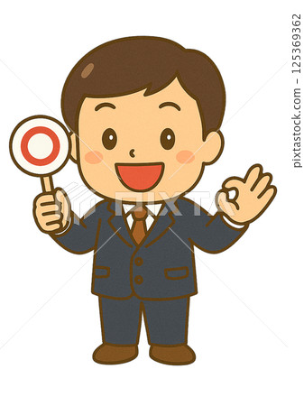 一位微笑的男老師舉著紅色圓圈標誌並做出「OK」手勢 一位微笑的男老師舉著紅色圓圈標誌並做出「OK」手勢 125369362