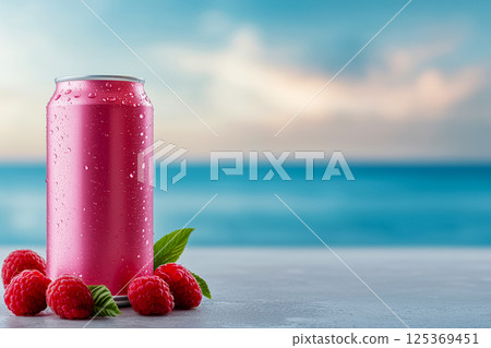 Pink can with raspberry and wild berries drink on the background of azure sea, relaxing beach moment with cold drink with illuminating drops on aluminum can, copy space concept for soft drinks 125369451