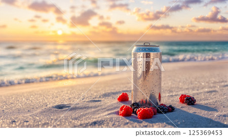 Juicy forest berries next cold soda with water drops, concept cold refreshing drinks summer vacation, can with space advertising soda beach sand, background ocean sunset create mood of vacation 125369453