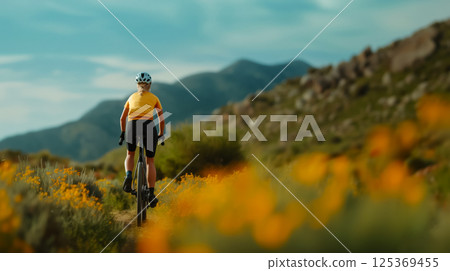 Female cyclist in yellow T-shirt, rear view riding popular mountain bike route, concept commitment to ecology, sustainability and social well-being, active lifestyle and sports weekend Female cyclist in yellow T-shirt, rear view riding popular mountain bike route, concept commitment to ecology, sustainability and social well-being, active lifestyle and sports weekend 125369455