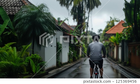 Concept eco-friendly urban environment, cyclist helmet rides along empty street old city, cloudy rainy weather, urban eco-friendly environment and development sustainable inclusive environment Concept eco-friendly urban environment, cyclist helmet rides along empty street old city, cloudy rainy weather, urban eco-friendly environment and development sustainable inclusive environment 125369456