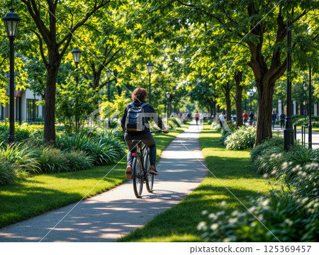 A cyclist rides along road for cyclists laid in urban modern environment, concept of comfortable and accessible urban environment, ecology and development and sustainable inclusive social environment 125369457