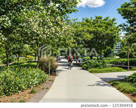 Beautiful modern park with paths for cyclists and pedestrians, comfortable and accessible urban environment, space for concept of ecology and development and sustainable inclusive social environment Beautiful modern park with paths for cyclists and pedestrians, comfortable and accessible urban environment, space for concept of ecology and development and sustainable inclusive social environment 125369458