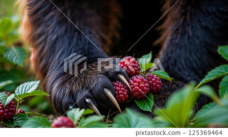 ripe red wild berry raspberry under paw bear, large plan for ripe berries, concept of interconnectedness of eco friendly business and wildlife, sustainable ecosystems for development local production 125369464