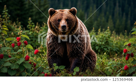 An adult grizzly bear sits in a clearing with ripe raspberry bushes against a background of dense forest, wild berry season and an eco friendly business concept for producing wild berry soda 125369466