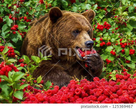 Grizzly bear enjoying ripe raspberries in a lush forest during berry season, harmony of wildlife, bright seasonal abundance, wild berry and beverage advertising concept 125369467