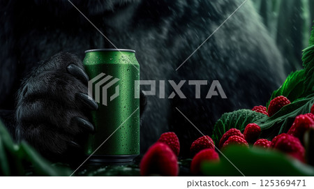 can drinks with drops of water is squeezed in bear's paw, close-up of can of natural wild berry drink, creative look at wild nature branding of fizzy drink with raspberries, ecology and consumption 125369471