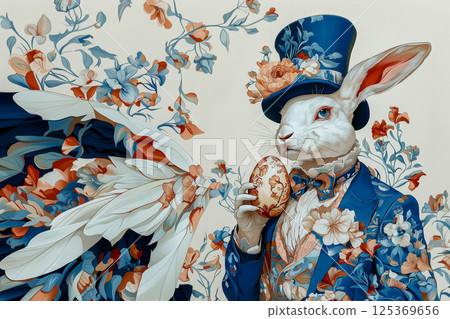 Easter bunny in exquisite vintage Victorian outfit holding Easter egg, background with luxurious floral design in botanical Art Nouveau style, renewal and Easter magic 125369656