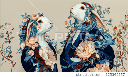 Vintage Easter card with cute bunnies in royal blue Victorian cape decorated with spring flowers, nostalgic and vintage inspired festive Easter joy Vintage Easter card with cute bunnies in royal blue Victorian cape decorated with spring flowers, nostalgic and vintage inspired festive Easter joy 125369657