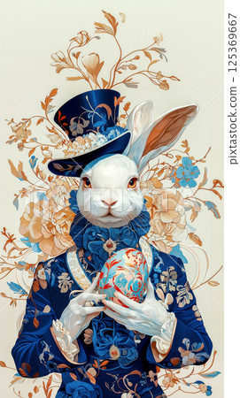 White bunny in vintage Victorian outfit holds Easter egg, intricate floral art deco background. vertical fantasy style card traditional Easter elements with holiday magic White bunny in vintage Victorian outfit holds Easter egg, intricate floral art deco background. vertical fantasy style card traditional Easter elements with holiday magic 125369667