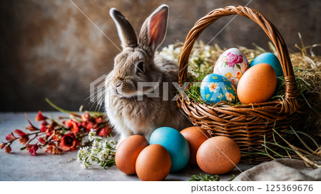 Rabbit surrounded by painted Easter eggs, joy of spring children's party, bright colors and cheerful atmosphere of spring, concept for festive Easter designs and greetings Rabbit surrounded by painted Easter eggs, joy of spring children's party, bright colors and cheerful atmosphere of spring, concept for festive Easter designs and greetings 125369676