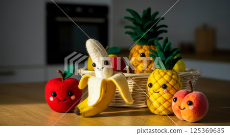 happy smiling toys fruits knitted from wool on the table in the dining room, fresh food delivery concept, toys as a idea for educating children about the health benefits of fruits happy smiling toys fruits knitted from wool on the table in the dining room, fresh food delivery concept, toys as a idea for educating children about the health benefits of fruits 125369685