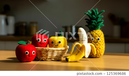 Basket with ripe seasonal fruits on the table in the kitchen, peach, banana and pineapple with apples - wool toys fruits in retro style, eco-farm campaigns and fresh food delivery concept 125369686