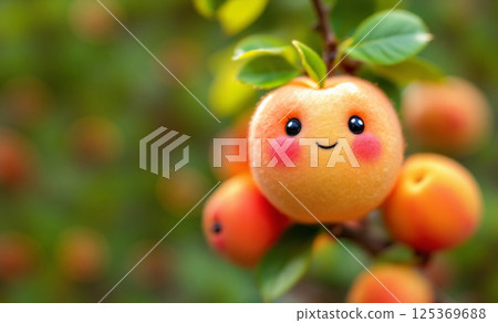 Ripe smiling peach on tree branch in garden, fruit wool toys, happy fruit retro style wool toys, eco farm campaign and fresh food delivery concept Ripe smiling peach on tree branch in garden, fruit wool toys, happy fruit retro style wool toys, eco farm campaign and fresh food delivery concept 125369688