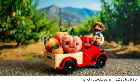 red farm truck loaded with ripe peaches, farmer in straw hat loading truck, smiling peaches and retro style wool toys, concept suitable for children education or eco farm campaigns 125369689
