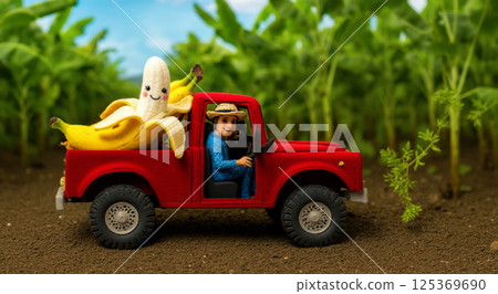 farmer on felt truck loaded with ripe bananas, funny smiling banana and retro style wool toys, nostalgic charm of retro story perfect for children education or eco farm campaigns farmer on felt truck loaded with ripe bananas, funny smiling banana and retro style wool toys, nostalgic charm of retro story perfect for children education or eco farm campaigns 125369690