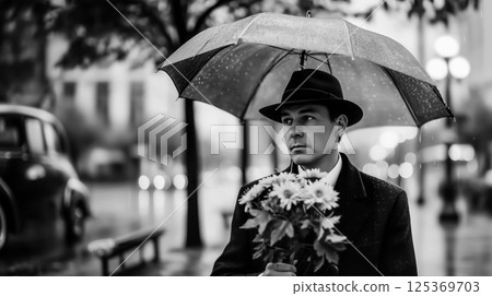 elegant man in suit and hat hides under an umbrella holding a bouquet of flowers chrysanthemums, bw image date in rain, vulnerability in pose and look, vintage noir style in the style of the 40s 125369703