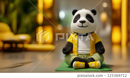 Portrait of meditating panda, copy space for regular exercise concept, knitted wool panda toy on mat during exercise, fitness and wellness center and healthy lifestyle advertisement Portrait of meditating panda, copy space for regular exercise concept, knitted wool panda toy on mat during exercise, fitness and wellness center and healthy lifestyle advertisement 125369712