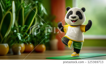 Yoga and regular exercise practice, knitted wool panda toy stands on mat during pilates exercise, copy space for fitness and wellness center, sports and healthy lifestyle advertising 125369713