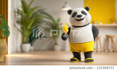 Happy panda with glass of energy cocktail on background of fitness bar in wellness center, panda toy made of wool after doing sports healthy habit of regular exercise, copy space advertising sports Happy panda with glass of energy cocktail on background of fitness bar in wellness center, panda toy made of wool after doing sports healthy habit of regular exercise, copy space advertising sports 125369715
