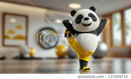 Smiling happy panda, wool toy doing yoga wellness center, calm fitness moment enhances healthy habit of regular exercise, copy space for fitness wellness center, sports healthy lifestyle advertising 125369716