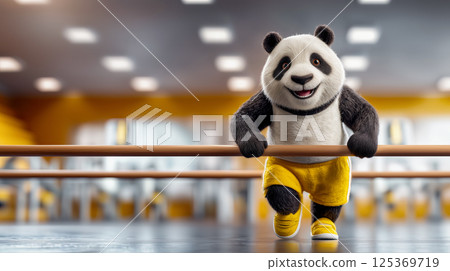 Inspiring panda in tracksuit at the gym near the bars awakens motivation and inspires to exercise, copy space for the concept of montage for visiting fitness 125369719