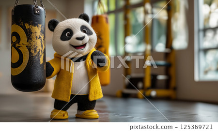 Panda boxer stands at punching bag - poster about importance of sports and good physical shape, cute knitted toy as motivation for fitness and wellness center advertising sports and healthy lifestyle 125369721