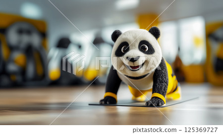 Adorable panda in yellow suit doing plank during pilates workout, joy of fitness with positive energy, copy space with panda with fitness and wellness center advertising concept 125369727