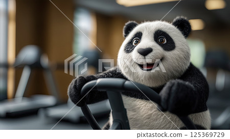 Portrait of smiling panda on exercise bike in fitness center, cartoon woven felt giant panda character inspires workout and active energy 125369729