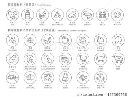 Food allergen labeling icon set_28 items_grayscale + prohibition mark (Japanese + English) 125369758