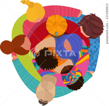 Isolated group of people in circle hugging each other from diverse cultures. Top view 125369913