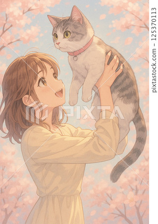 櫻花在春風中飛舞，女孩和貓咪互動 125370113