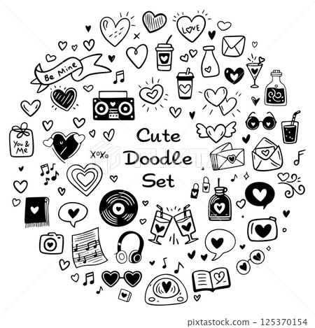 Simple Romantic love doodle illustration for design. Wedding elements, hearts, romantic icons. Valentine's day. Love clipart Simple Romantic love doodle illustration for design. Wedding elements, hearts, romantic icons. Valentine's day. Love clipart 125370154