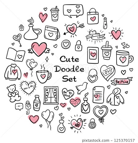 Romantic love simple doodle illustration for design. Wedding elements, hearts, romantic icons. Valentine's day. Love clipart 125370157