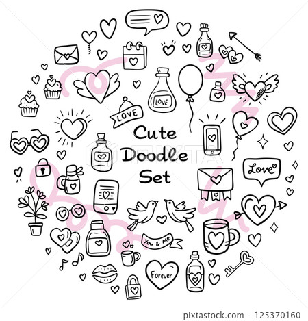 Love romantic simple doodle illustration for design. Wedding elements, hearts, romantic icons. Valentine's day. Love clipart 125370160