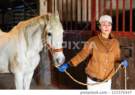 Asian female stable worker leading horse by bridle in barn Asian female stable worker leading horse by bridle in barn 125370347