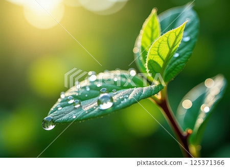 A close-up photograph of a young plant shoot with fresh green leaves covered in water droplets. The image captures the beauty of nature with vibrant colors and a soft, out-of-focus background. A close-up photograph of a young plant shoot with fresh green leaves covered in water droplets. The image captures the beauty of nature with vibrant colors and a soft, out-of-focus background. 125371366