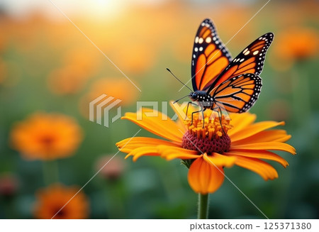 A stunning close-up photograph of a vibrant orange Monarch butterfly perched on a bright yellow-orange flower, likely a marigold or black-eyed Susan. The butterfly's wings are spread. 125371380