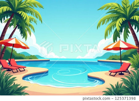 This illustration depicts a tranquil tropical beach scene with a luxurious pool area. Two palm trees frame the view, their lush green fronds reaching into a clear blue sky dotted with fluffy white 125371398