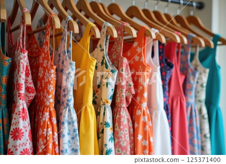 This image showcases a colorful array of summer dresses hanging on wooden hangers. The dresses feature various floral and botanical prints in vibrant hues including red, orange, yellow, pink, blue. 125371400