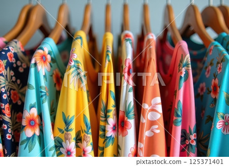 This image showcases a vibrant collection of colorful floral-printed garments hanging on wooden hangers. The clothes feature a variety of tropical and floral patterns in bright. 125371401