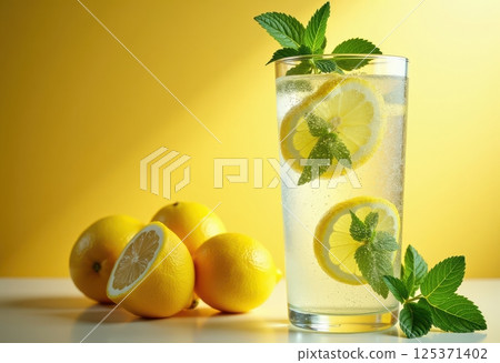 This image showcases a refreshing glass of lemonade garnished with fresh mint leaves and lemon slices. The tall glass is filled with a clear, bubbly liquid and ice cubes, with lemon slices. 125371402
