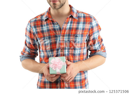 Man hold present box for Valentines day, cropped view. Happy Valentines day. Mens day. Man with gift isolated on white. Romantic gift for date. Present for mens day. Man on February 14 Man hold present box for Valentines day, cropped view. Happy Valentines day. Mens day. Man with gift isolated on white. Romantic gift for date. Present for mens day. Man on February 14 125371506