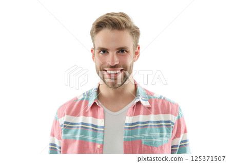 Casual style of happy smiling man. Guy has stylish haircut. Young man wearing casual shirt. Casual male style portrait. Millennial portrait. Young man isolated on white. Stylish young man portrait Casual style of happy smiling man. Guy has stylish haircut. Young man wearing casual shirt. Casual male style portrait. Millennial portrait. Young man isolated on white. Stylish young man portrait 125371507
