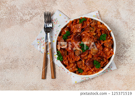 Bigos, bigus is a national Polish dish, made of cabbage and meat, stewed, homemade, no people, Bigos, bigus is a national Polish dish, made of cabbage and meat, stewed, homemade, no people, 125371519