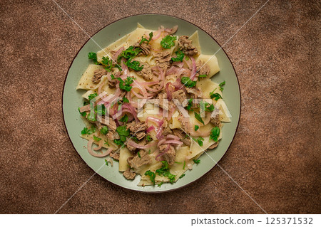Beshbarmak, Kazakh meat, boiled meat with noodles, Beshbarmak, Kazakh meat, boiled meat with noodles, 125371532